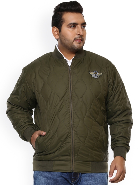 

John Pride Plus Size Men Olive Green Self Design Quilted Jacket