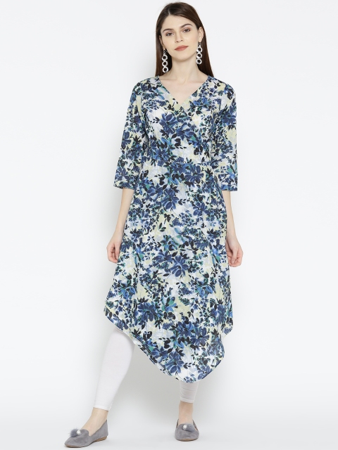 

Ayaany Women White & Blue Floral Print Angrakha A-Line Kurta