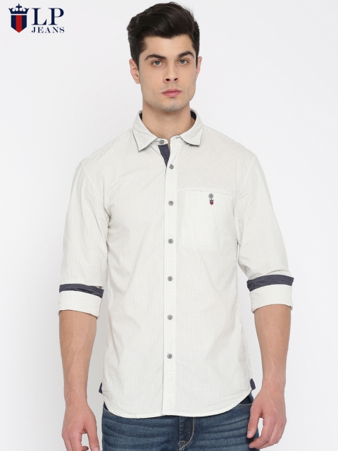 

Louis Philippe Jeans Men Cream-Coloured & Grey Slim Fit Striped Casual Shirt