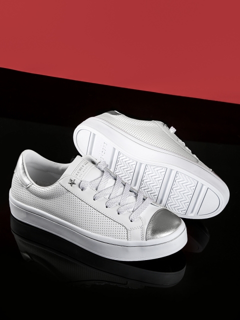 

Skechers Women White & Silver-Toned Leather HI LITE MAGNETOES Sneakers