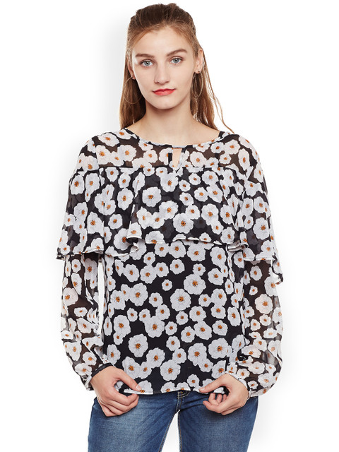 

Oxolloxo Women Black Printed Semi-Sheer Top