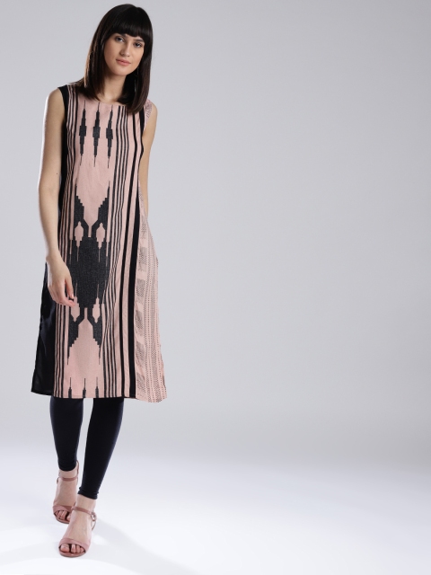 

W Women Dusty Pink & Black Printed Straight Kurta