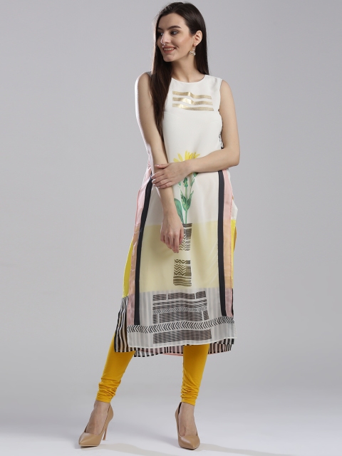 

W Women Off-White & Pink Printed Layered Straight Kurta