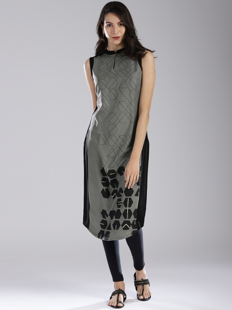 

W Women Grey & Black Printed Straight Kurta