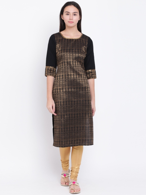 

AURELIA Women Black & Golden Woven Design Straight Kurta