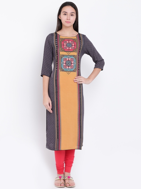 

AURELIA Women Grey & Mustard Yellow Printed Straight Kurta