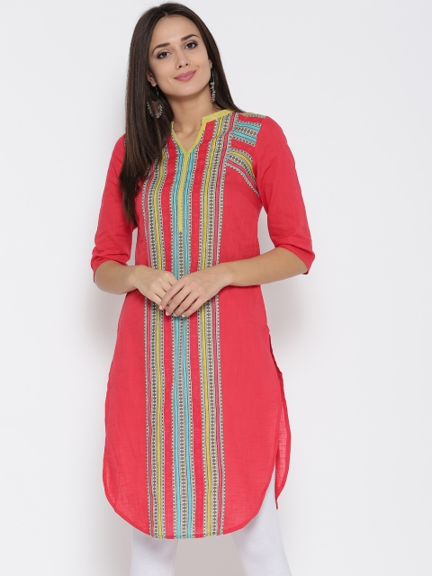 

AURELIA Women Coral Red & Yellow Striped Straight Kurta