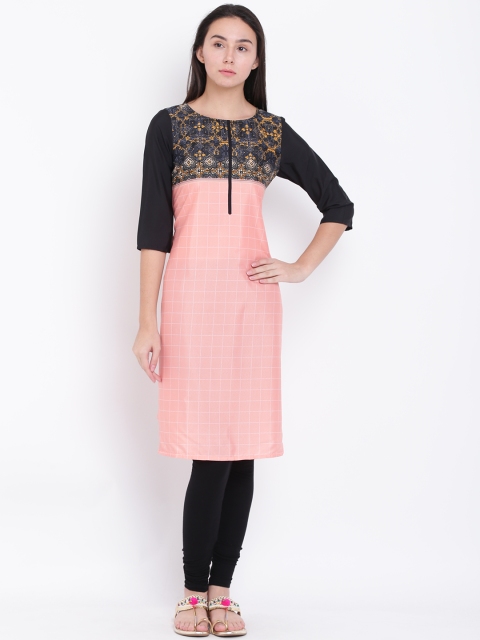 

AURELIA Women Black & Peach-Coloured Checked Straight Kurta