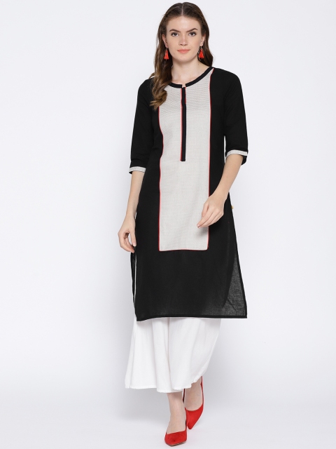 

AURELIA Women Black & Off-White Woven Design Straight Kurta