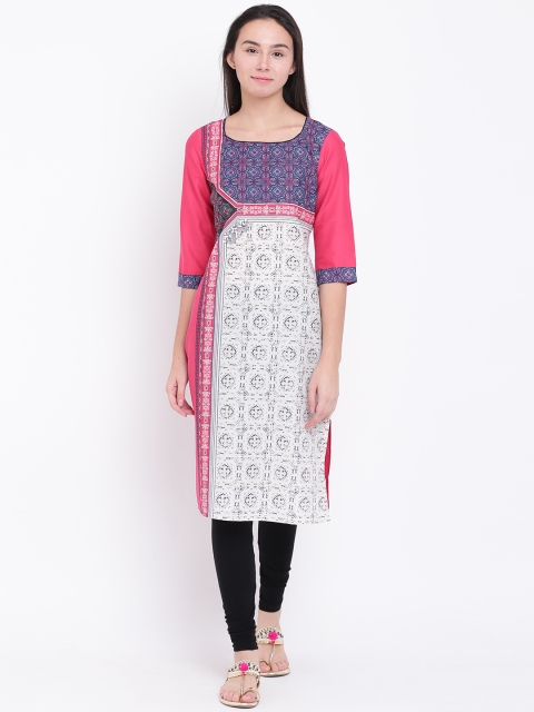 

AURELIA Women Off-White & Pink Printed Straight Kurta