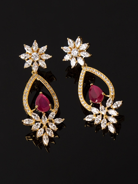 

Studio Voylla Princess of Wales Gold-Toned & Pink Teardrop Shaped Drop Earrings
