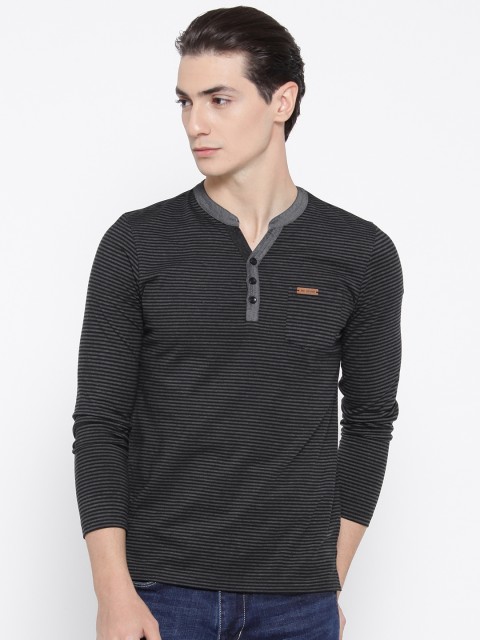 

Monte Carlo Men Charcoal Grey & Black Striped Mandarin Collar T-shirt