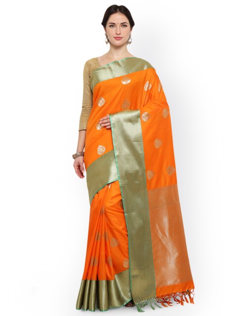 

Varkala Silk Sarees Orange & Green Silk Blend Woven Design Kanjeevaram Saree