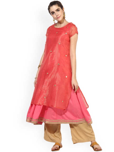 

Sangria Women Coral Solid A-Line Kurta