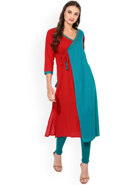 

Sangria Women Red & Blue Colourblocked Asymmetric Angrakha Kurta