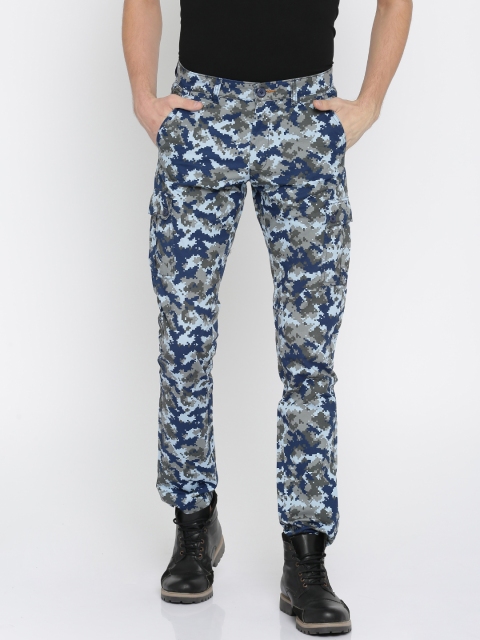 

The Indian Garage Co Men Blue & Grey Slim Fit Printed Cargos