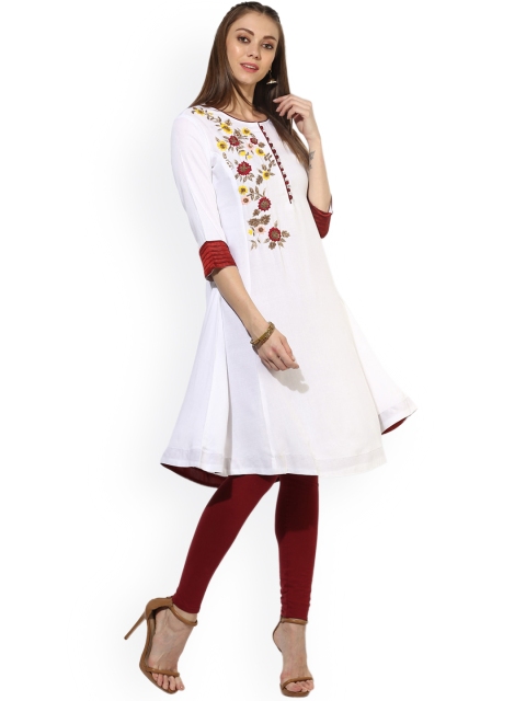 

Sangria Women White & Maroon Floral Embroidered A-Line Kurta