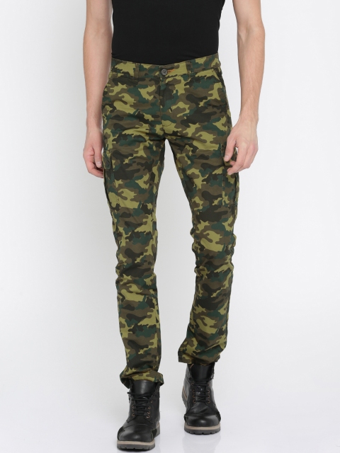 

The Indian Garage Co Men Olive Green & Brown Slim Fit Printed Cargos