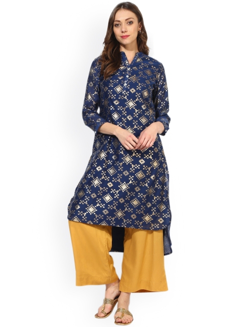 

Sangria Women Blue Ethnic Print Straight Silk Kurta