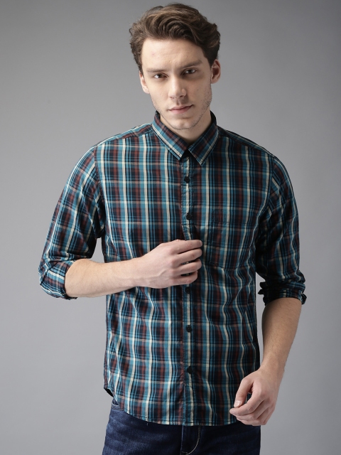 

Moda Rapido Men Teal Blue & Brown Regular Fit Checked Casual Shirt