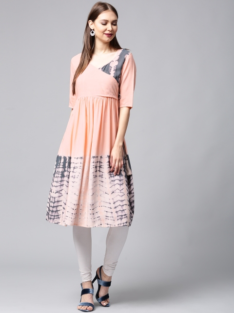 

AKS Women Peach-Coloured & Charcoal Grey Printed Angrakha Kurta