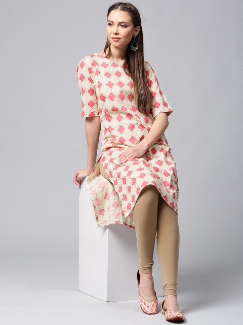 

AKS Women Cream-Coloured & Pink Printed Straight Kurta