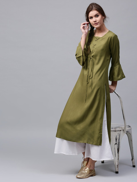 

AKS Women Olive Green Solid Straight Kurta