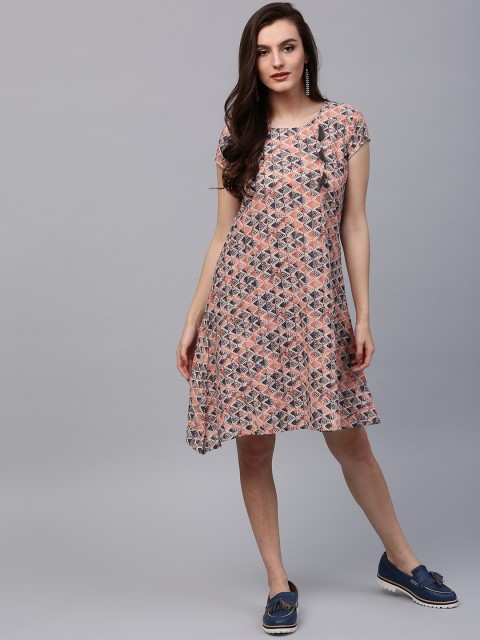 

AKS Women Coral Orange & Grey Printed A-Line Dress