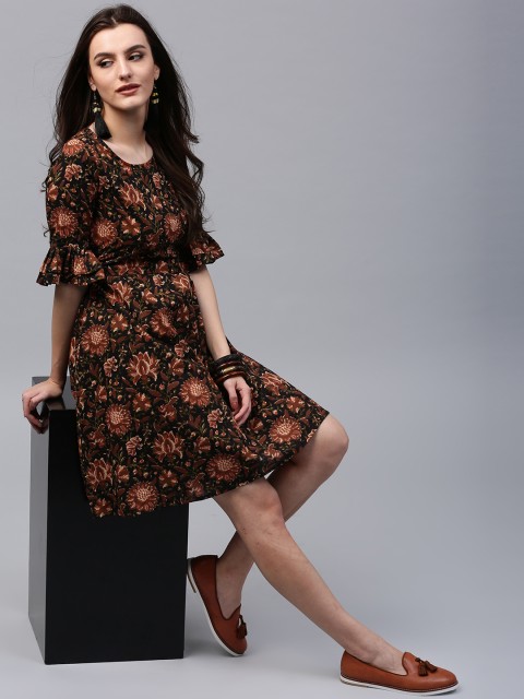 

AKS Women Black Printed Fit & Flare Dress