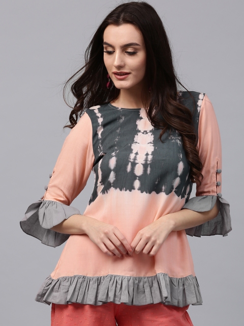 

AKS Peach-Coloured & Grey Tie-Dye Tunic