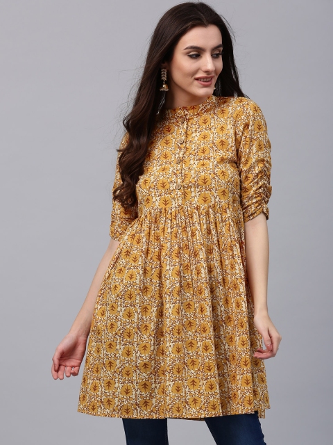 

AKS Mustard Yellow & Brown Printed A-Line Tunic