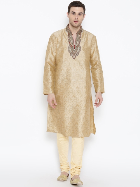 

Manu Men Beige Self-Design Kurta with Pyjamas