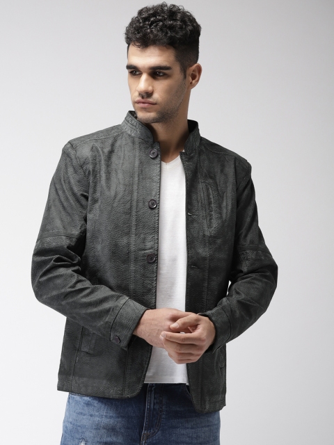 

Fort Collins Men Charcoal Grey Solid Biker Jacket