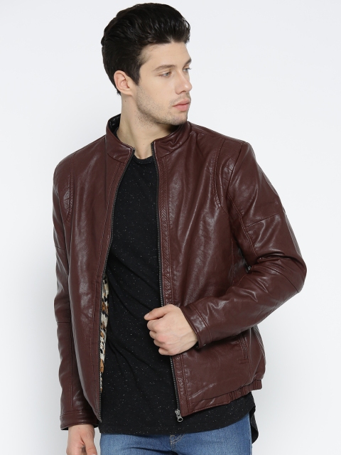 

Fort Collins Men Burgundy Solid Biker Jacket