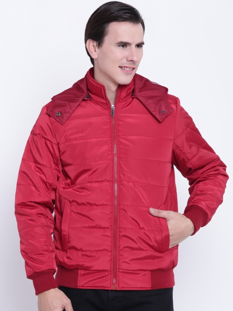 

Fort Collins Men Red Solid Hooded Bomber Jacket