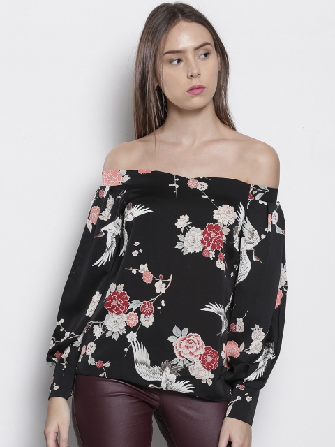 

DOROTHY PERKINS Women Black Printed Bardot Top