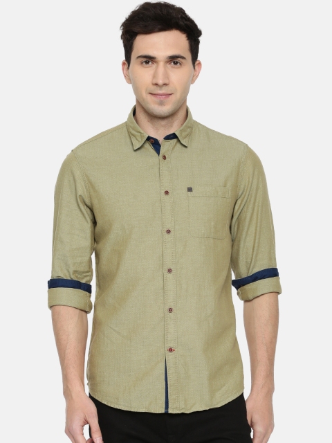 

Arrow Blue Jean Co. Men Olive Green Slim Fit Self Design Casual Shirt