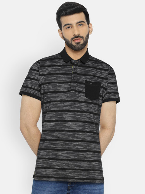 

SPYKAR Men Black Self-Striped Polo Collar Slim Fit T-shirt