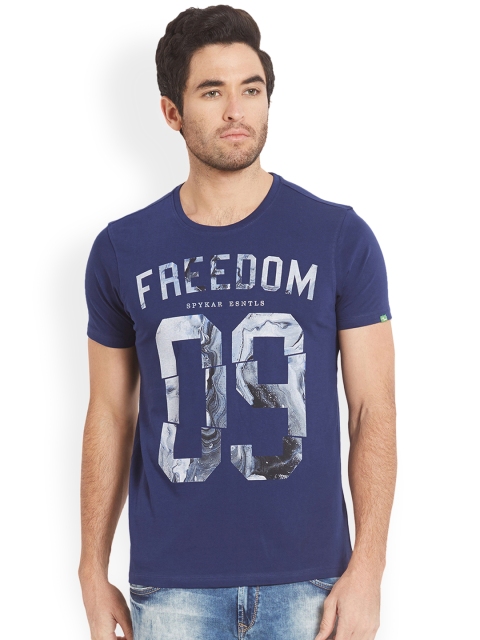 

SPYKAR Men Blue Printed Round Neck Slim Fit T-shirt