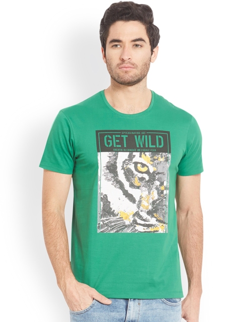 

SPYKAR Men Green Printed Round Neck Slim Fit T-shirt