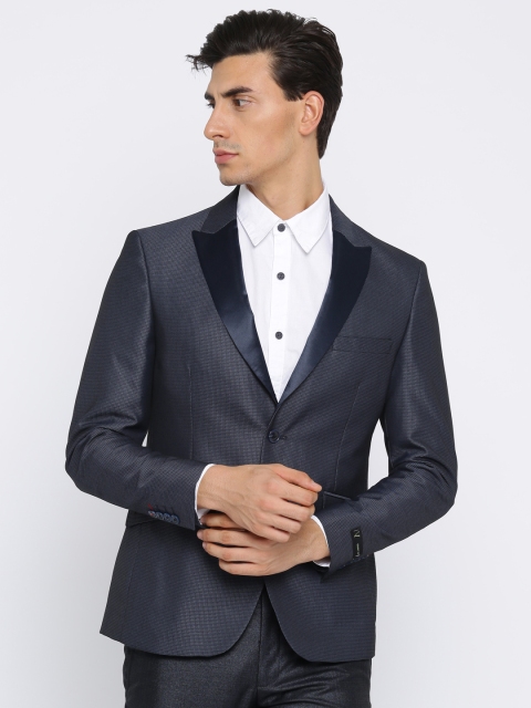 

V Dot Blue Self-Design Super Slim Fit Single-Breasted Party Blazer