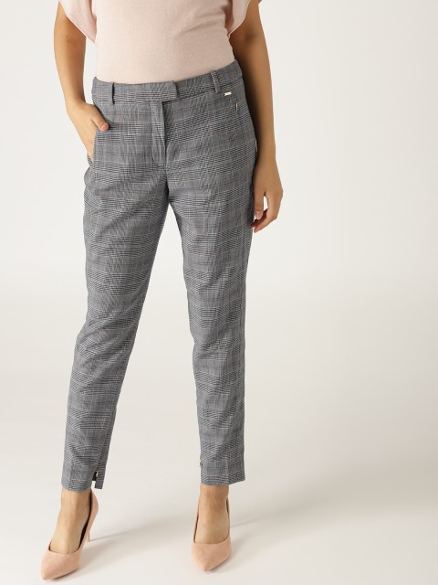 

ESPRIT Women Grey & Black Regular Fit Checked Regular Trousers