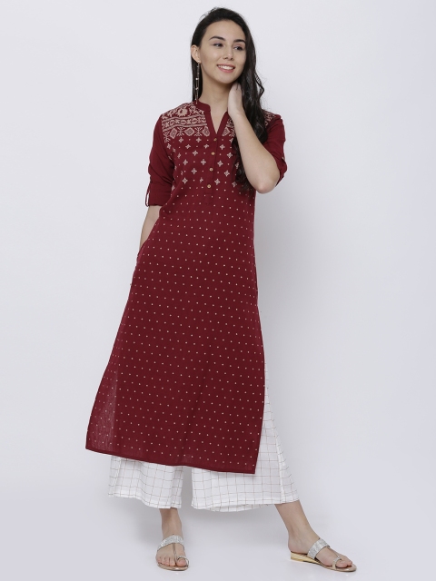 

Vishudh Women Maroon Printed Straight Kurta