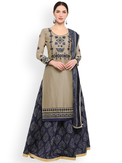 

Satrani Beige & Navy Blue Cotton Blend Unstitched Dress Material