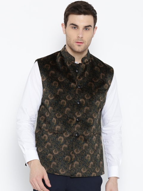 

Raymond Green & Brown Printed Velvet Finish Nehru Jacket