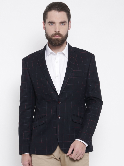 

Park Avenue Navy Checked Super Slim Fit Single-Breasted Formal Blazer, Blue