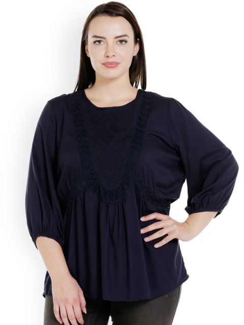 

JUNAROSE Plus Size Women Navy Blue Self Design A-Line Top