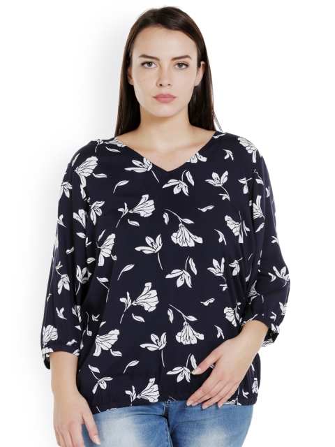 

JUNAROSE Plus Size Women Navy Blue Printed Blouson Top