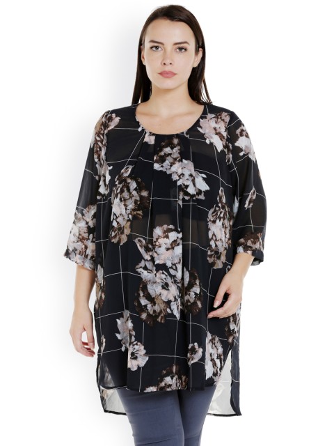 

JUNAROSE Plus Size Women Navy Grey Printed Sheer High-Low Top, Navy blue
