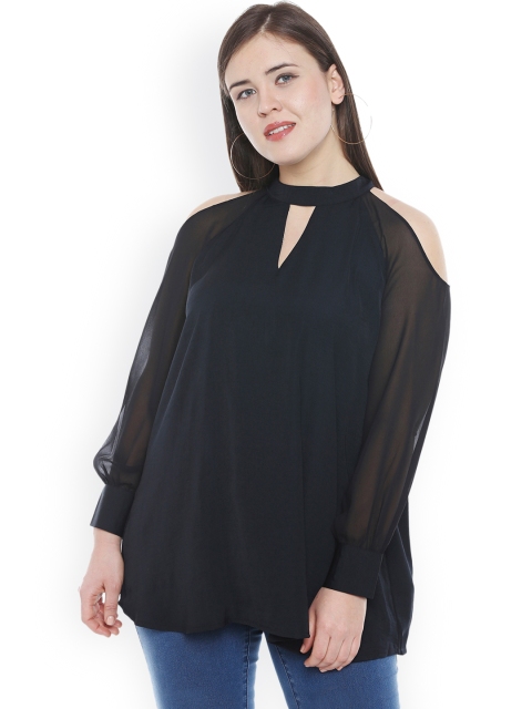 

JUNAROSE Plus Size Women Black Solid Cold-shoulder Top